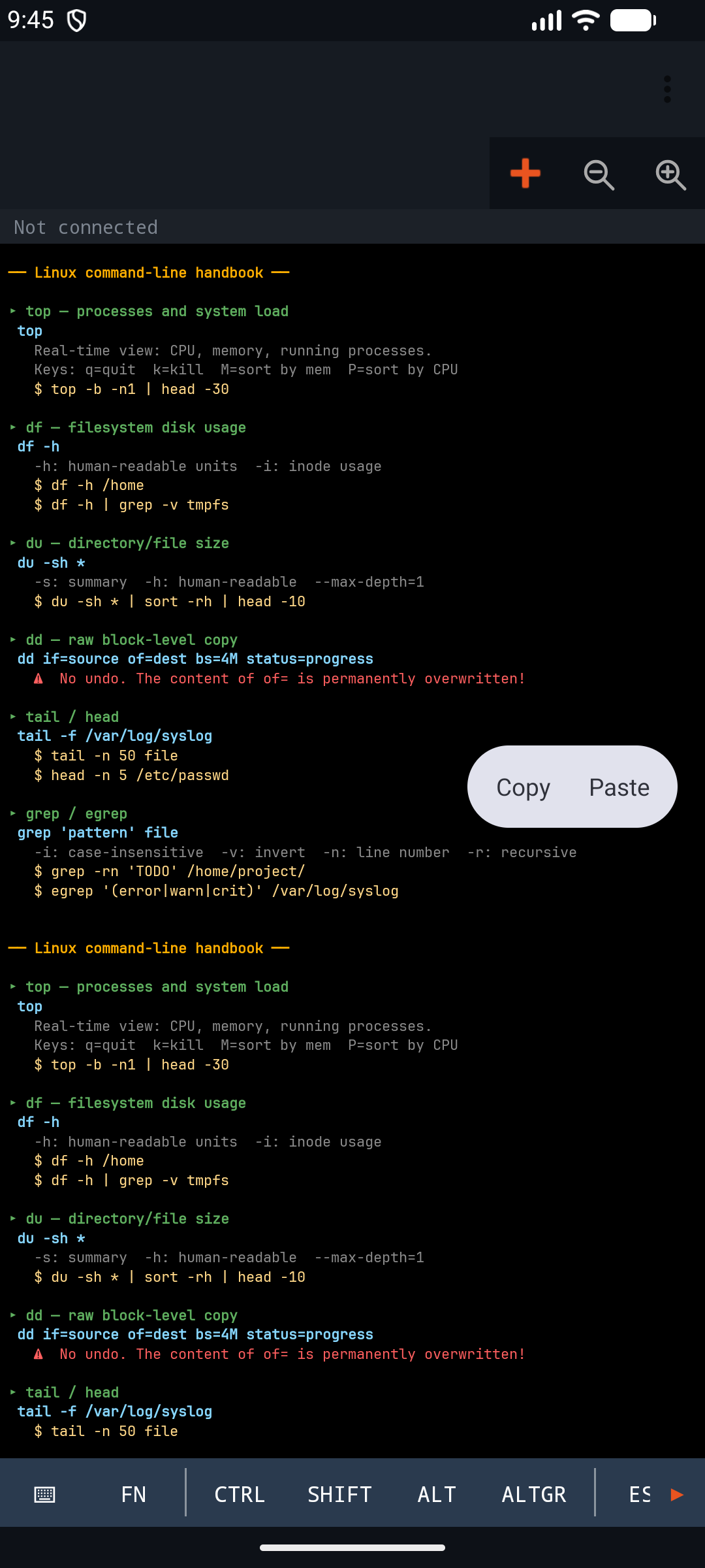 Linux cheat sheet képernyő — top, df, du, grep, awk, sed parancsok