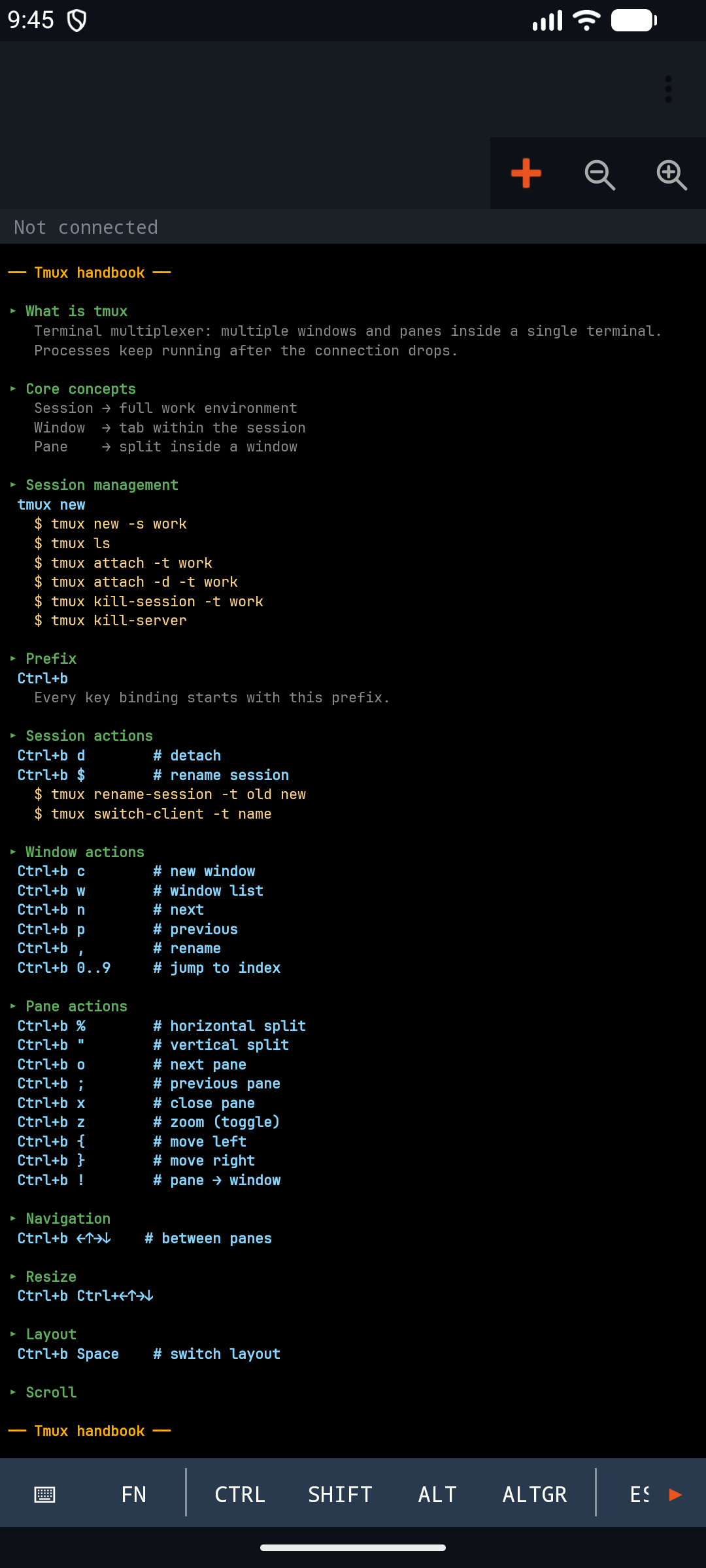 Tmux cheat sheet képernyő — session, window, pane parancsok
