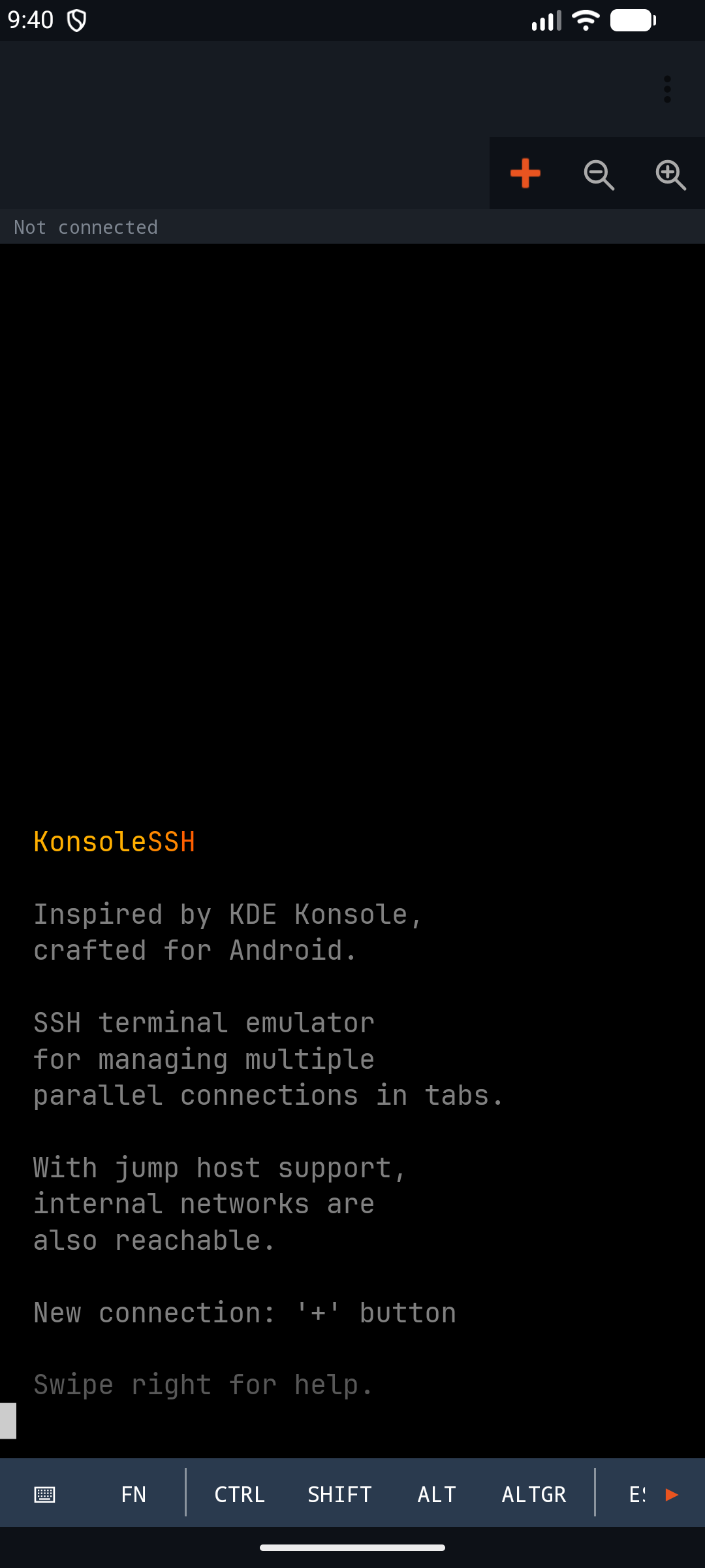 KonsoleSSH üdvözlő képernyő — ANSI-színes banner és bevezető szöveg